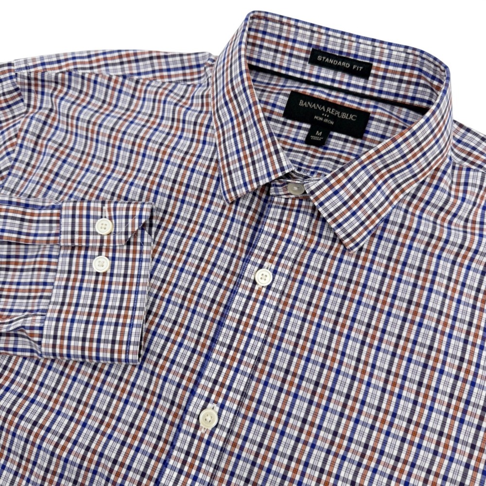 Banana Republic Shirt Mens M Blue Plaid Non-Iron Standard Fit Long Sleeve Casual